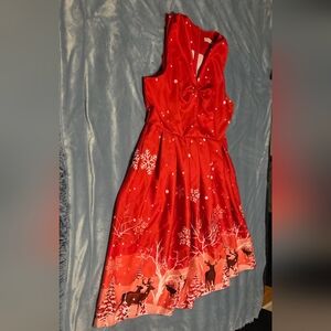 Holiday Plus Size Red Midi Dress with Snowflake & Reindeer Print Size 2X EUC